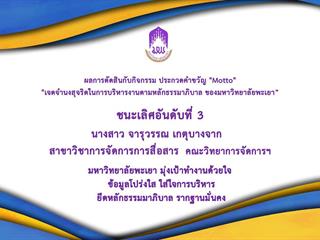 ผลการตัดสินกับกิจกรรม,ประกวดคำขวัญ,"Motto",ภายใต้หัวข้อ,"เจตจำนงสุจริตในการบริหารงานตามหลักธรรมาภิบาล,ของมหาวิทยาลัยพะเยา”,จากคณะกรรมการตัดสินผู้ทรงคุณวุฒิ