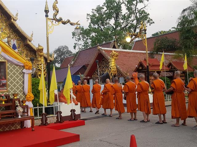 ตัวแทนคณะผู้บริหารคณะศิลปศาสตร์,มหาวิทยาลัยพะเยา,เข้าร่วมพิธีเจริญพระพุทธมนต์,,ทำบุญตักบาตร,ณ,วิหารวัดศรีโคมคำ,เนื่องในงานพระราชพิธีบรมราชาภิเษก,พุทธศักราช,๒๕๖๒