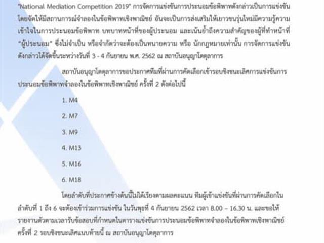 นิสิตคณะนิติศาสตร์,ผ่านเข้ารอบ,6,ทีมสุดท้ายการแข่งขันการประนอมข้อพิพาทจำลองในข้อพิพาทเชิงพาณิชย์