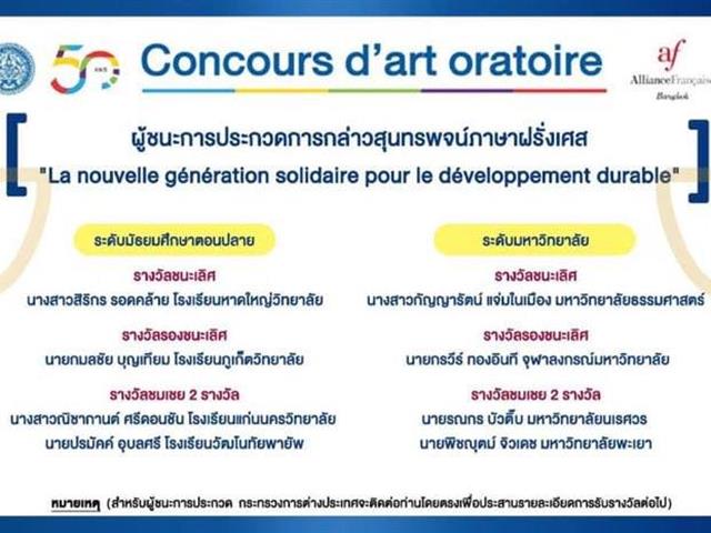คณะศิลปศาสตร์ ขอแสดงความยินดีกับนิสิตสาขาวิชาภาษาฝรั่งเศส ชั้นปีที่ 3 ที่ได้รับรางวัลชมเชย การประกวดกล่าวสุนทรพจน์ภาษาฝรั่งเศส