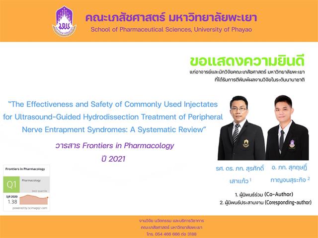รศ. ดร. ภก. สุรศักดิ์ เสาแก้ว  อ. ภก. สุกฤษฏิ์ กาญจนสุระกิจ  อาจารย์ประจำสาขาวิชาบริบาลเภสัชกรรม.  ที่ได้รับการตีพิมพ์ผลงานวิจัยในระดับนานาชาติ  ผลงานวิจัยเรื่อง  “The Effectiveness and Safety of Commonly Used Injectates for Ultrasound-Guided Hydrodissection Treatment of Peripheral Nerve Entrapment Syndromes: A Systematic Review”.  ในวารสาร Frontiers in Pharmacology  (อันดับใน SJR ranking: Q1).