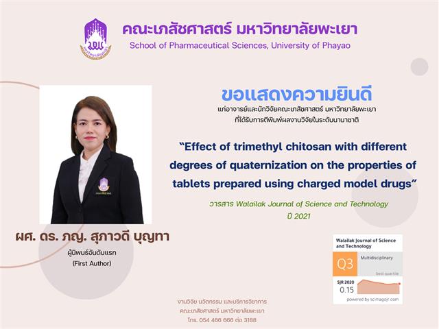 คณะเภสัชศาสตร์ มหาวิทยาลัยพะเยาผศ. ดร. ภญ. สุภาวดี บุญทา ที่ได้รับการตีพิมพ์ผลงานวิจัยเรื่อง “Effect of Trimethyl Chitosan with Different Degrees of Quaternization on the Properties of Tablets Prepared using Charged Model Drugs”. ในวารสาร Walailak Journal of Science and Technology