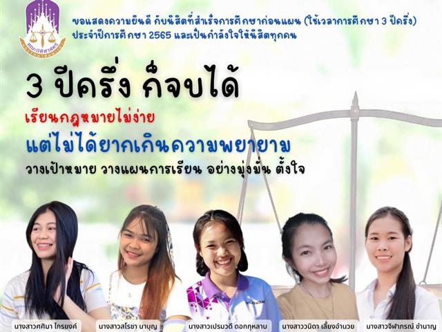 ขอแสดงความยินดีกับนิสิตคณะนิติศาสตร์ มหาวิทยาลัยพะเยา ที่สำเร็จการศึกษาก่อนแผน (ใช้เวลาศึกษา 3 ปี ครึ่ง) ประจำปีการศึกษา 2565