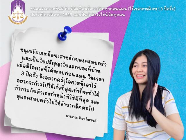 ขอแสดงความยินดีกับนิสิตคณะนิติศาสตร์ มหาวิทยาลัยพะเยา ที่สำเร็จการศึกษาก่อนแผน (ใช้เวลาศึกษา 3 ปี ครึ่ง) ประจำปีการศึกษา 2565