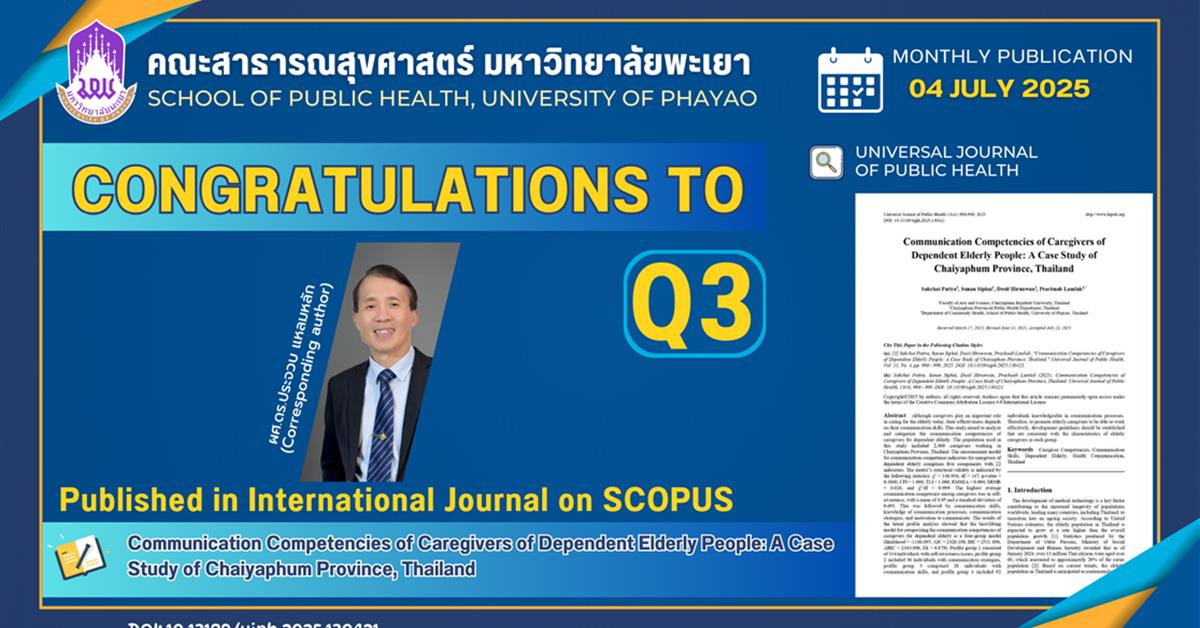 ขอแสดงความยินดีกับ ผู้ช่วยศาสตราจารย์ ดร.ประจวบ แหลมหลัก คณะสาธารณสุขศาสตร์
ที่ได้รับการตีพิมพ์ในวารสารระดับนานาชาติ (Q3)