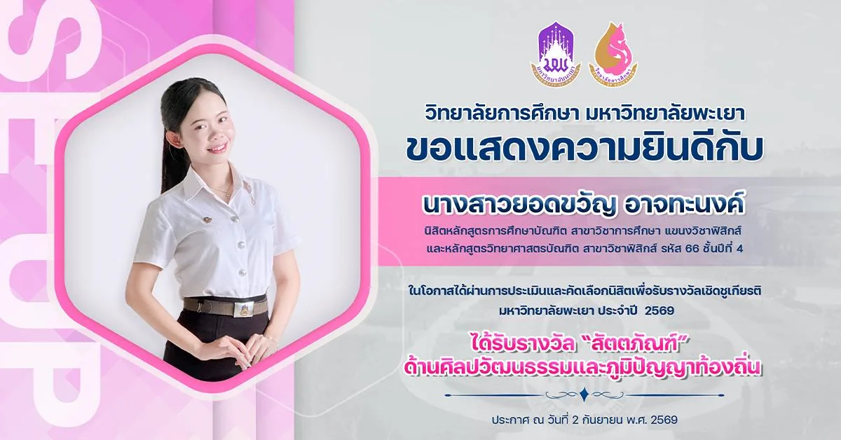 วิทยาลัยการศึกษา ขอแสดงความยินดีกับ นางสาวยอดขวัญ อาจทะนงค์ ในโอกาสได้รับรางวัล “สัตตภัณฑ์”  ด้านศิลปวัฒนธรรมและภูมิปัญญาท้องถิ่น