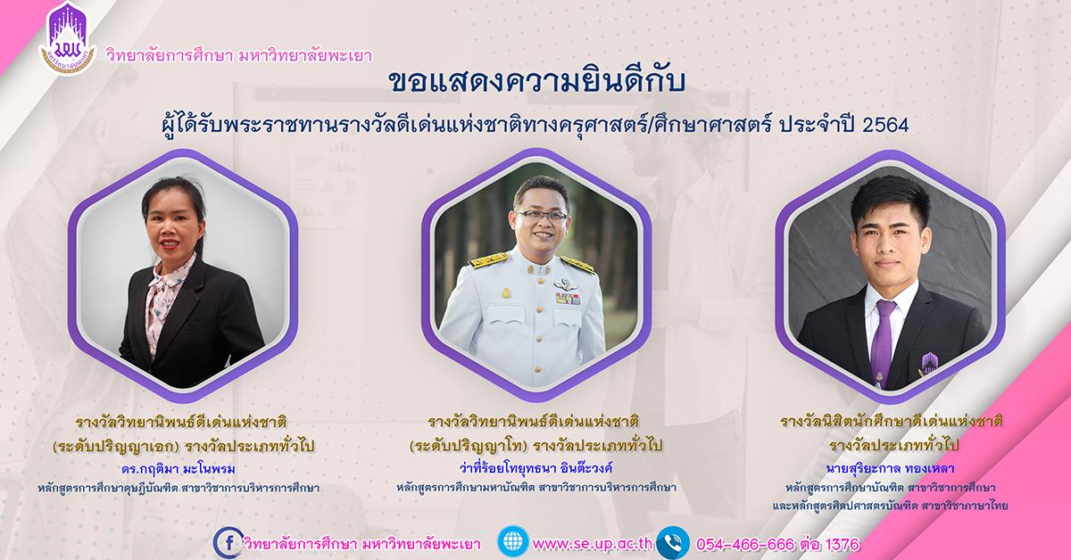 ขอแสดงความยินดีกับผู้ได้รับพระราชทานรางวัลดีเด่นแห่งชาติทางครุศาสตร์ศึกษาศาสตร์ ประจำปี 2564